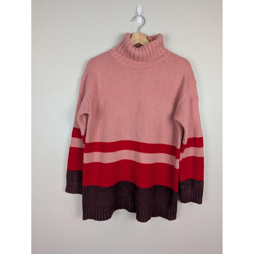 Ann Taylor Sweater Womens Medium Pink Red‎ Burgundy Turtleneck Colorblock Stripe